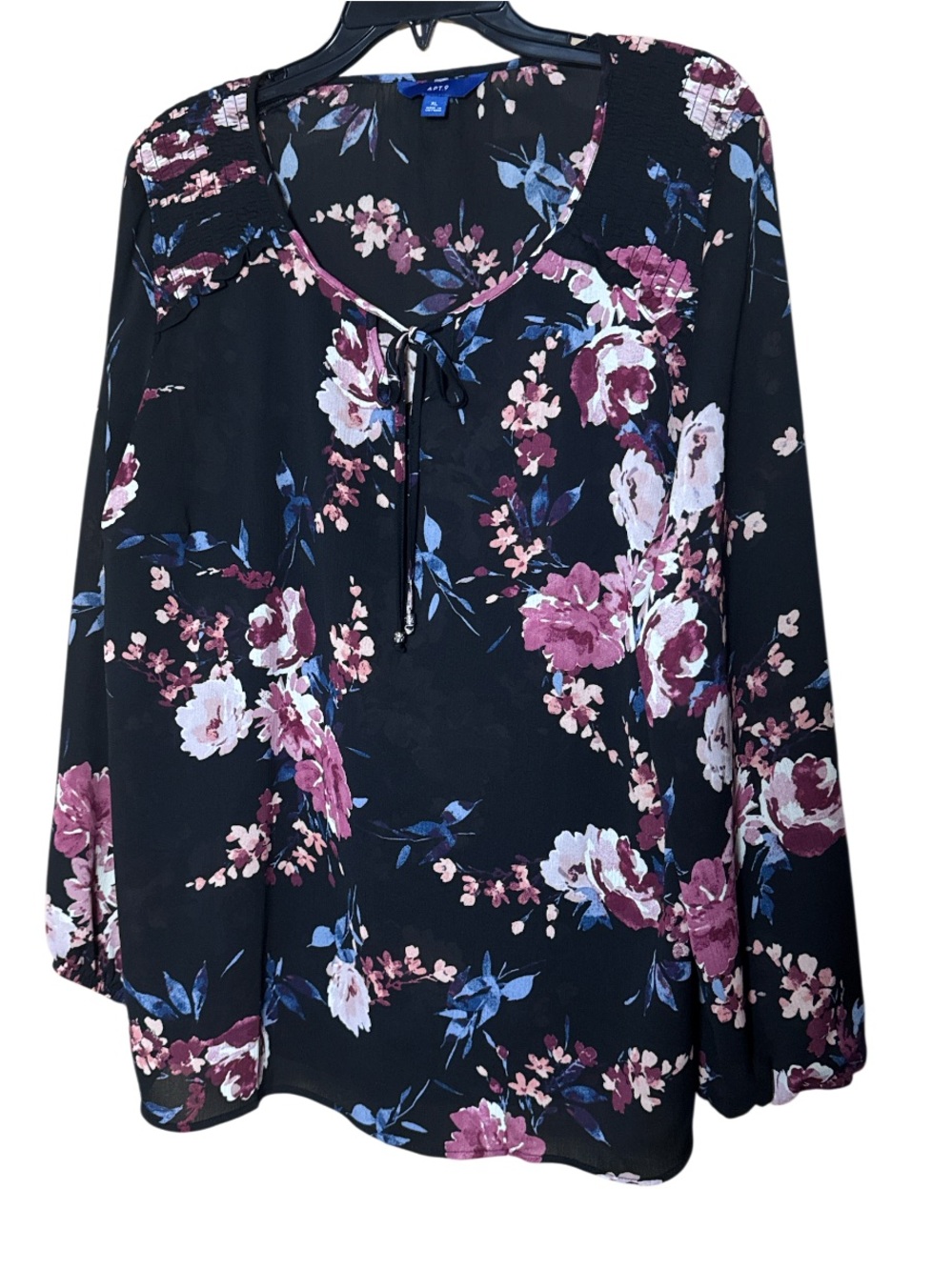 Apt. 9 Black Floral Tie-Neck Blouse - Pink & White Floral
